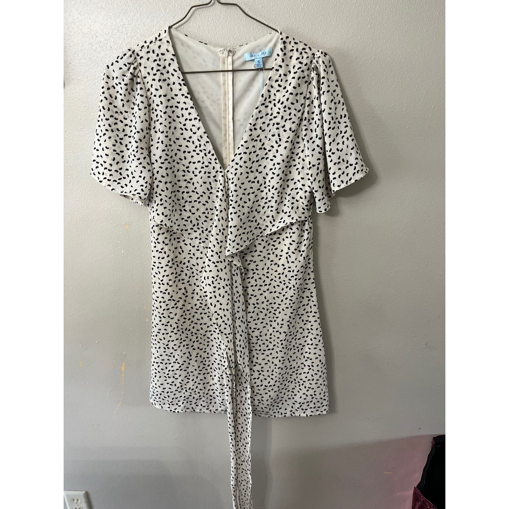 SHE + SKY Mini Dress Ruffle Tie Waist Women S Cream Black Dalmatian Print NWT